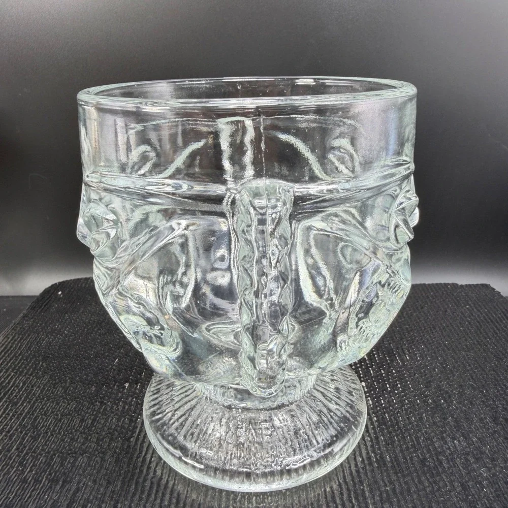 Indiana Glass Two faced Tiki‎ Drinking Glass Clear Embossed Face Single Mug Cup